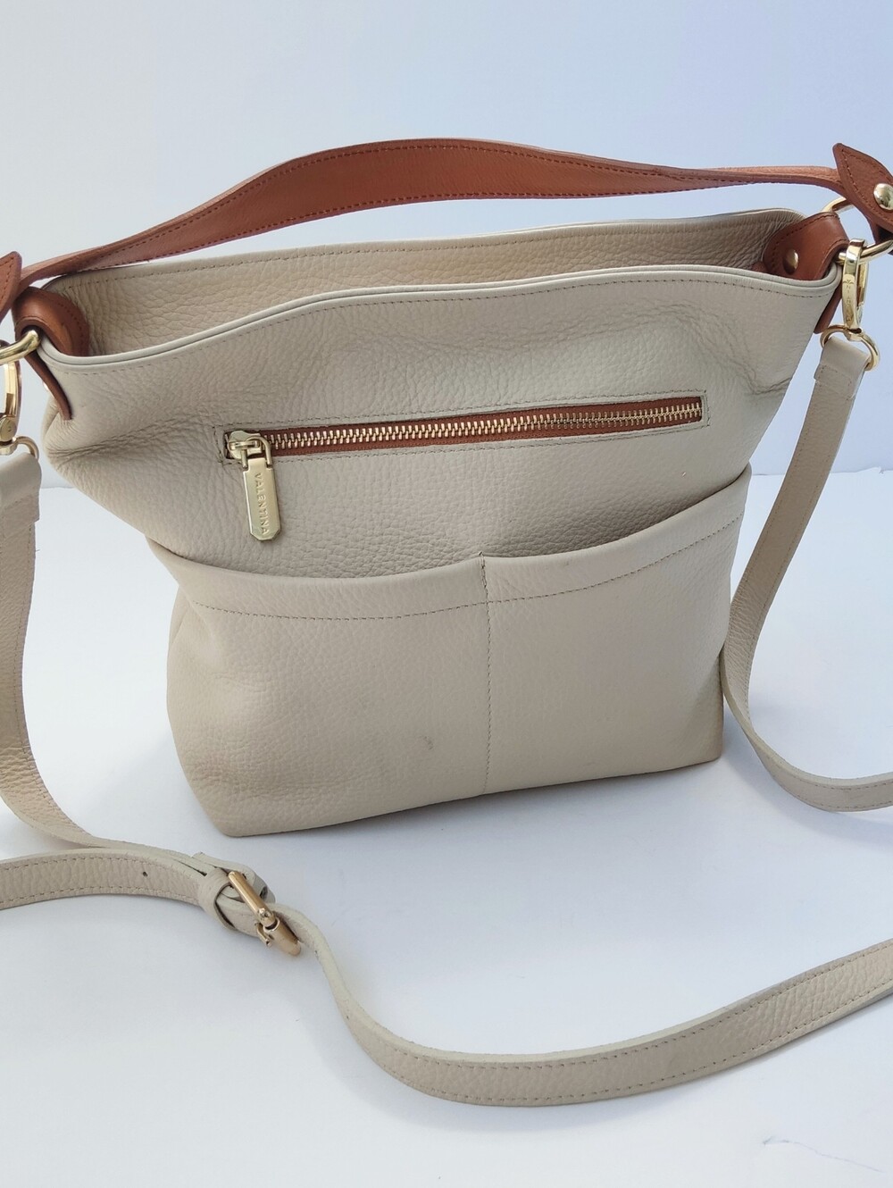 Valentina Women's Neutral Beige Leather Crossbody Tote. Pre-owned.